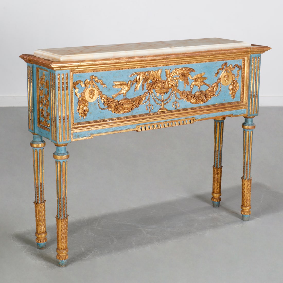 Italian Neoclassic painted, parcel gilt jardiniere: Italian Neoclassic painted, parcel gilt jardiniere, 18th/19th c. and adapted, alabaster top on stepped pediment over a reserve carved with a tazza hung with garlands supporting birds raised on round,