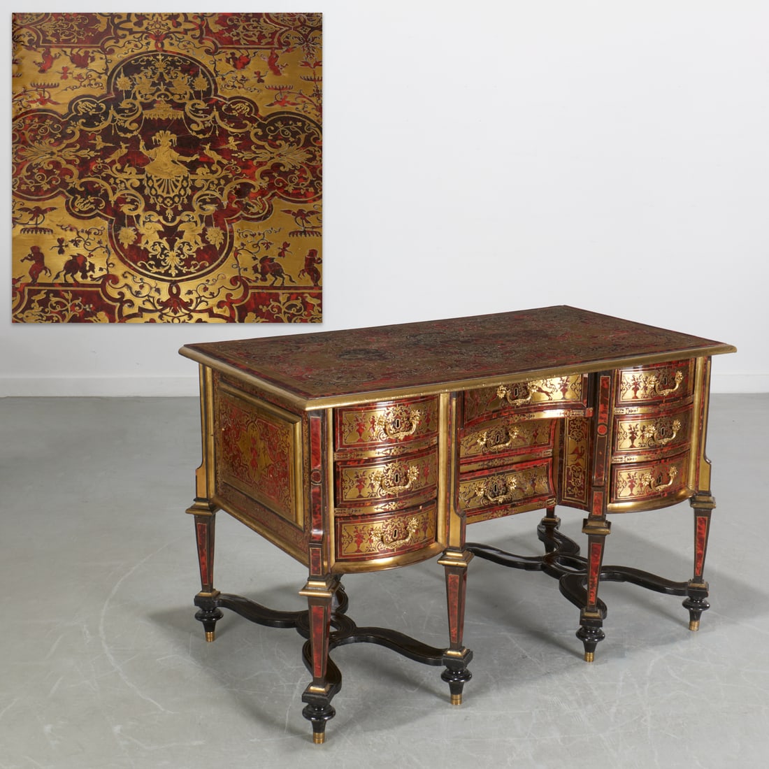 Louis XIV brass inlaid "Boulle" bureau Mazarin: Louis XIV brass inlaid "Boulle" bureau Mazarin, 17th/18th c., France, the rectangular molded top inlaid in premiere and contre partie in the manner of Berain, the front with one concave frieze drawer
