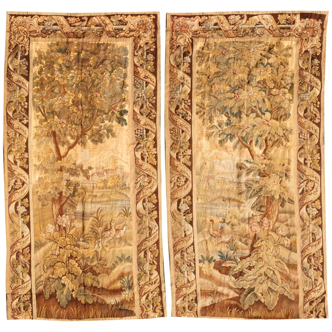 Pair large antique Aubusson tapestry panels: Pair large antique Aubusson tapestry panels, 18th/19th c., vertical panels depicting birds and architecture in landscapes, twisting ribbon and foliate borders, each approx. 8'7"h x 4'4"w Provenance: