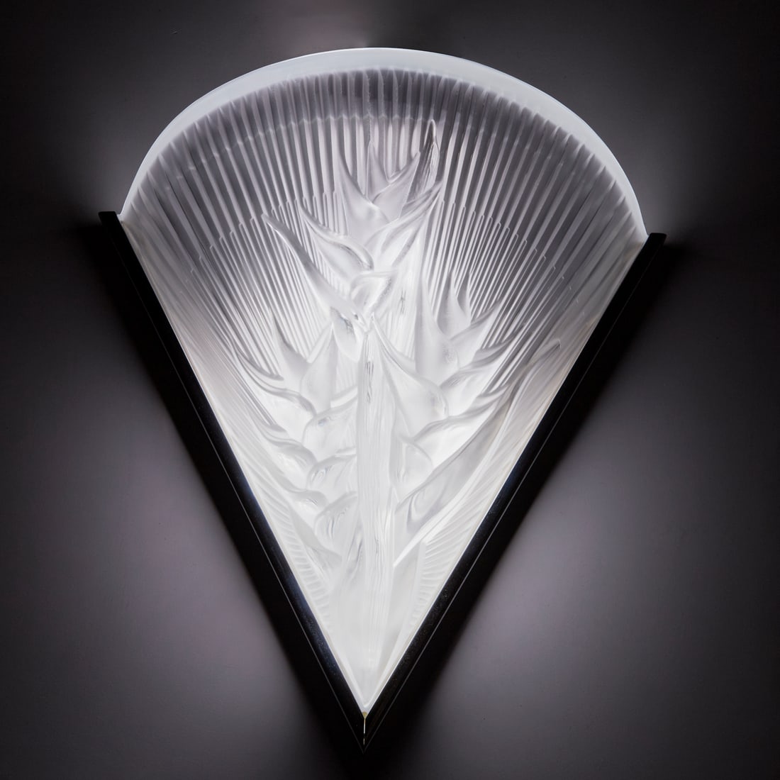Lalique "Heliconia" wall sconce: Lalique "Heliconia" wall sconce, Late 20th c., France, frosted crystal on chrome frame, etched signature "Lalique, France", 18"h x 15.5"w x 6.5"d Provenance: A Private Collection: 314 West 71st