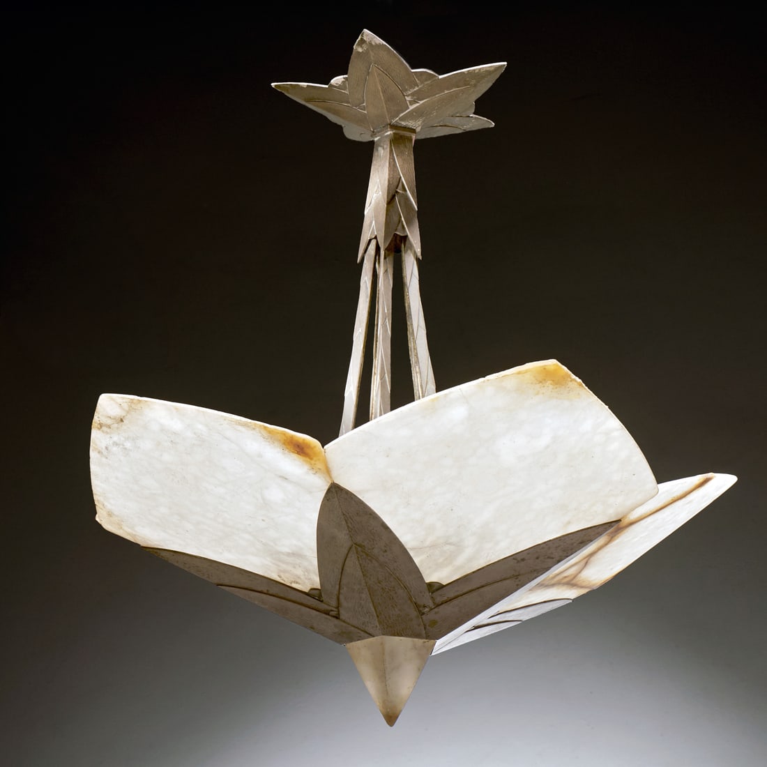 Albert Cheuret, "Cactus" chandelier, c. 1925: Albert Cheuret, "Cactus" chandelier, c. 1925, Albert Cheuret (French, 1884-1966), silvered bronze frame with alabaster shades, signature to canopy, approx. 25"h x 25"dia Provenance: A Private