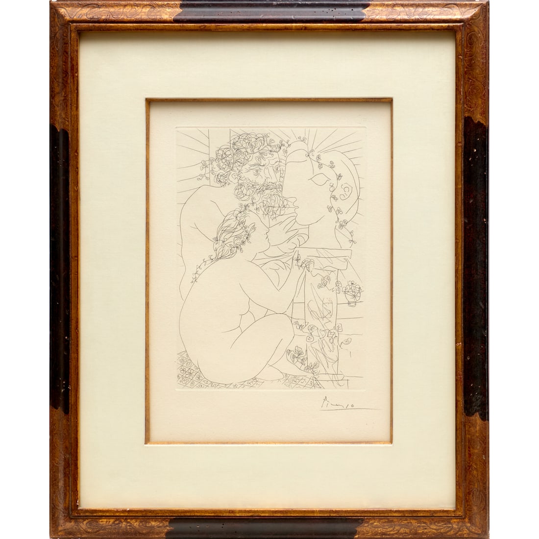 Pablo Picasso, etching, 1933: Pablo Picasso, etching, 1933, Pablo Picasso (Spanish, 1881-1973), "Sculpteur, Modele Accroupi et Tete Sculptee", etching, pencil signed "Picasso" lower right, from an edition of 250, gallery label ver