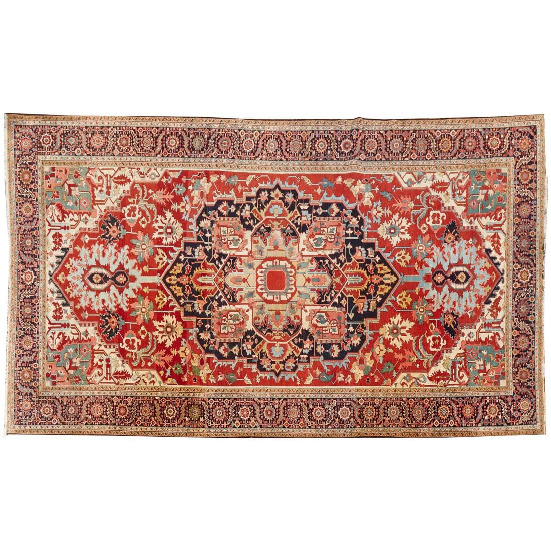 Oversized antique Heriz Serapi carpet: Oversized antique Heriz Serapi carpet, First half 20th c., central octofoil medallion on red ground with herati and palmette designs, cream spandrels, dark blue rosette border stripe, approx. 18'10"l 