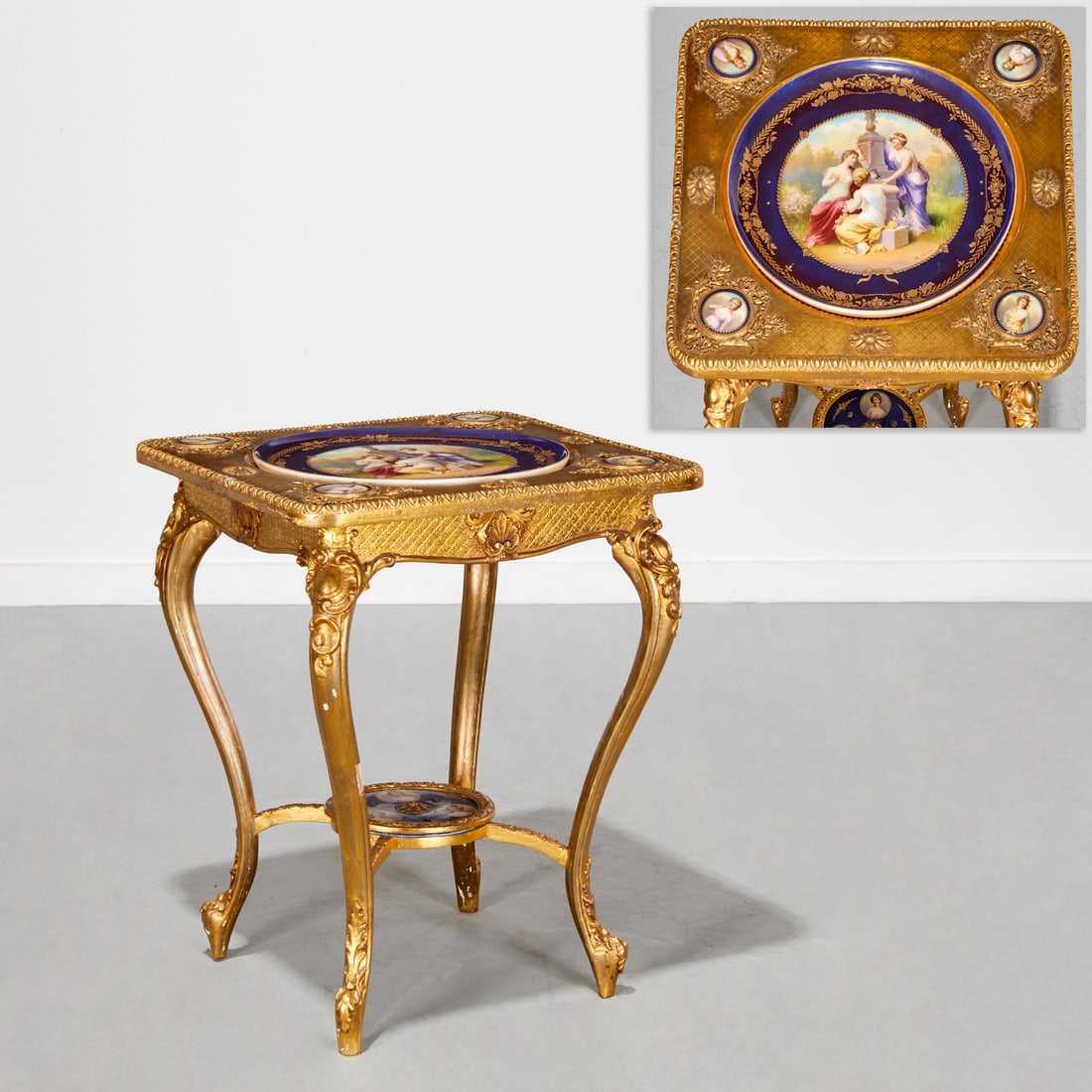 Continental giltwood and porcelain gueridon: Continental giltwood and porcelain gueridon, Late 19th c., square top with Vienna style porcelain insets of portraits and figural scenes, signed "H. Gorner", raised on four cabriole legs with medallio