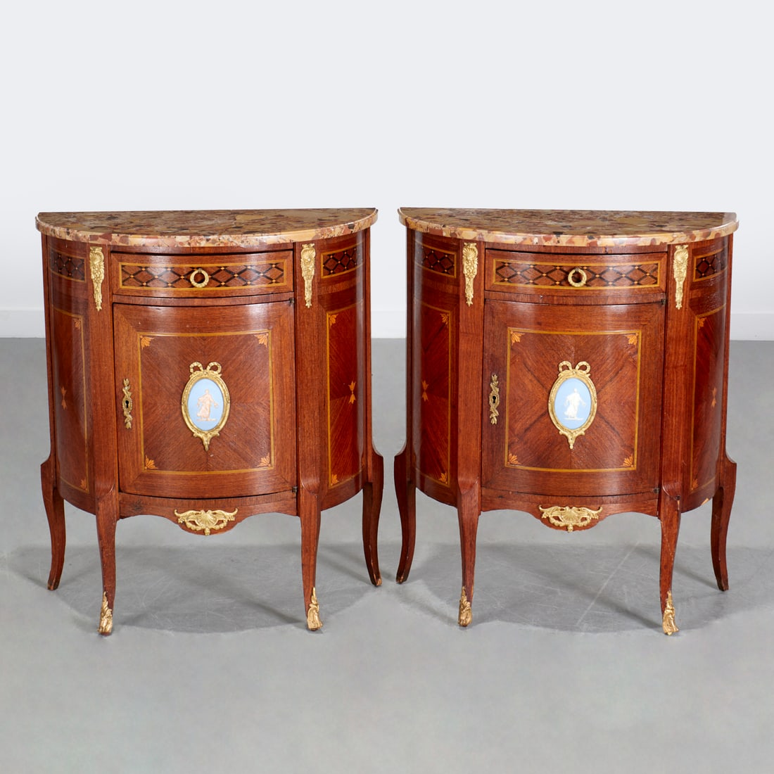 Louis XV style parquetry demi-lune commodes (1 of 9)