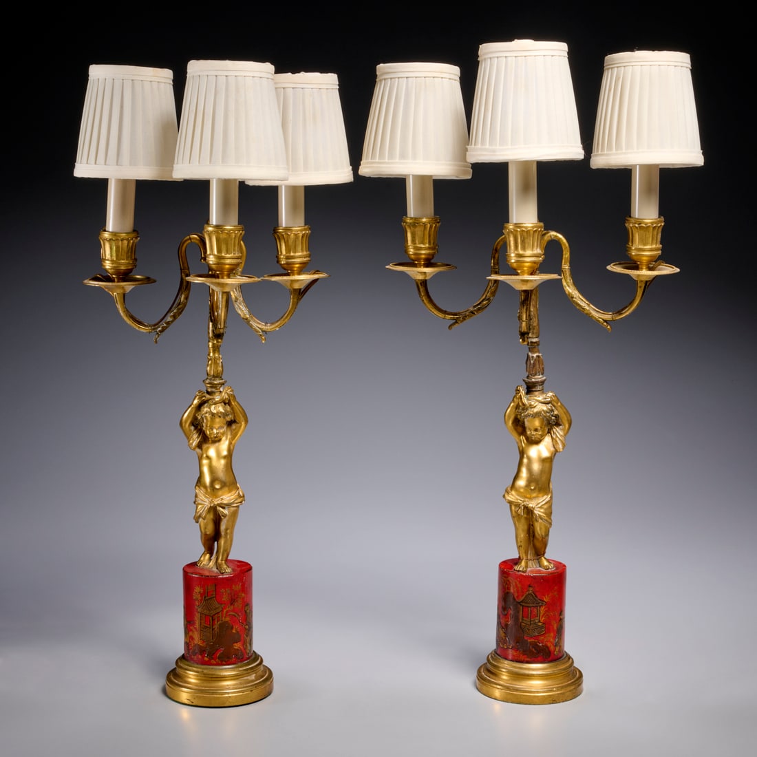 Pair Louis XVI bronze, red japanned candelabra (1 of 10)