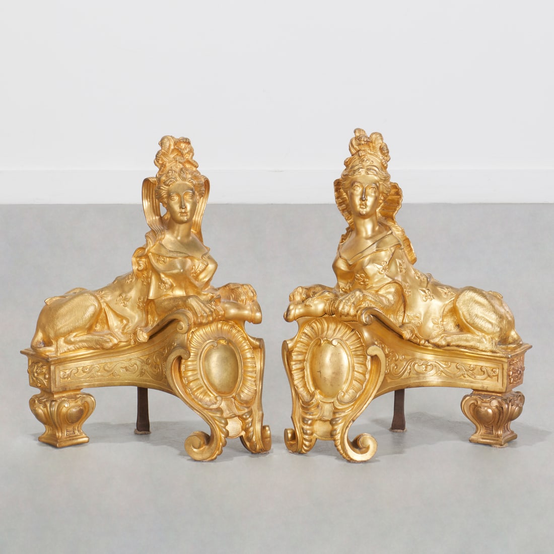 Pair French Regence style gilt bronze chenets (1 of 7)