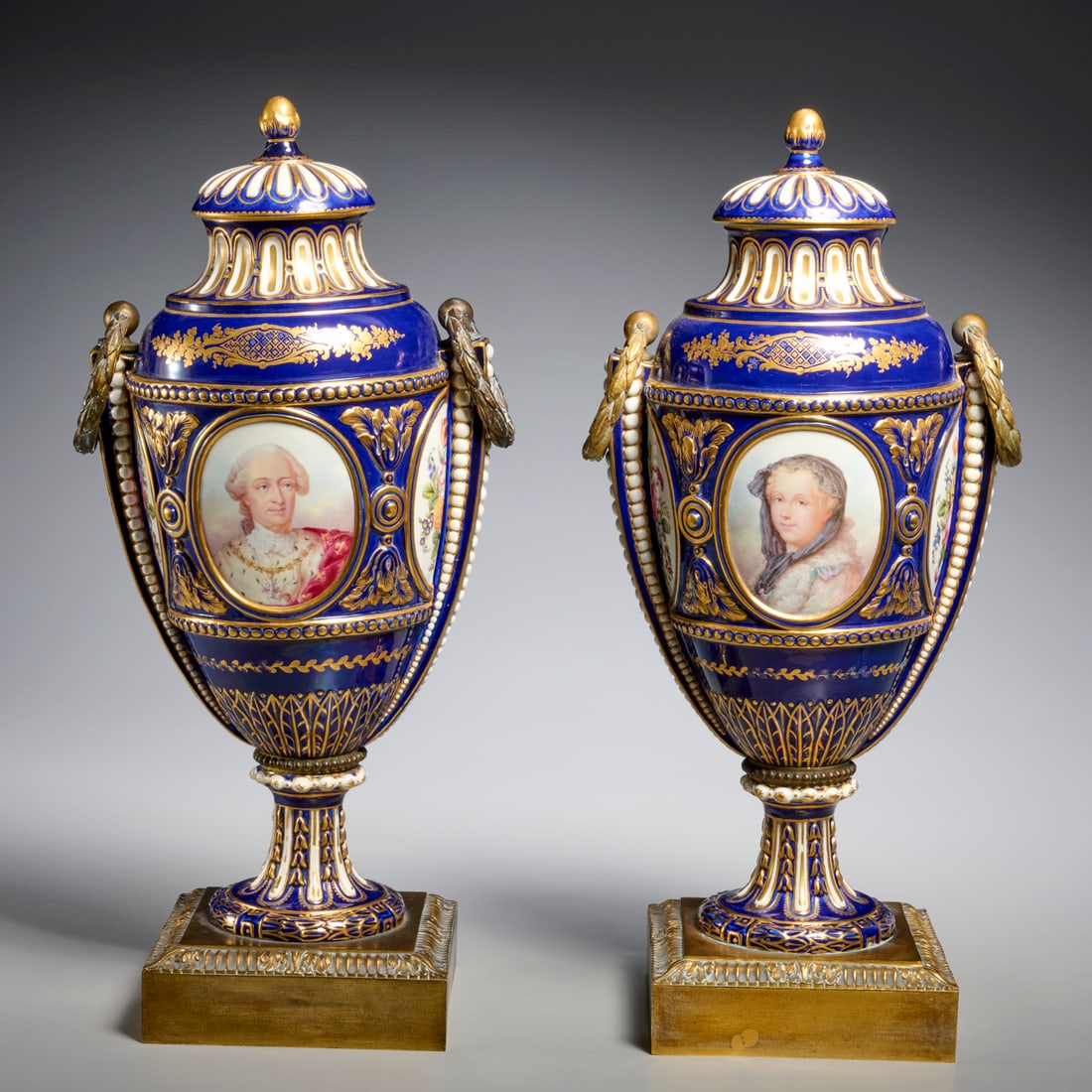 Pair Sevres style bronze mounted porcelain urns (1 of 6)
