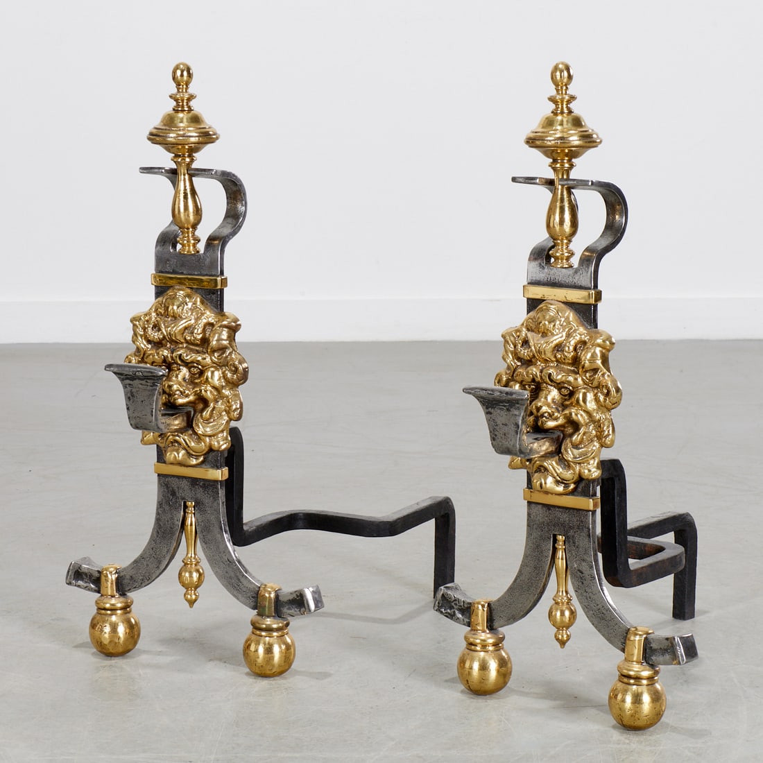 Pair unusual French style steel and brass andirons (1 of 5)