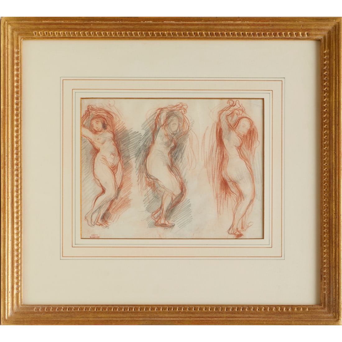 Leon Riesener, nude study, ex Heseltine: Leon Riesener, nude study, ex Heseltine, Louis Antoine Leon Riesener (French, 1808-1878), crayon on paper, artist's workshop stamp lower left, sale notes in pencil verso, matted and framed under