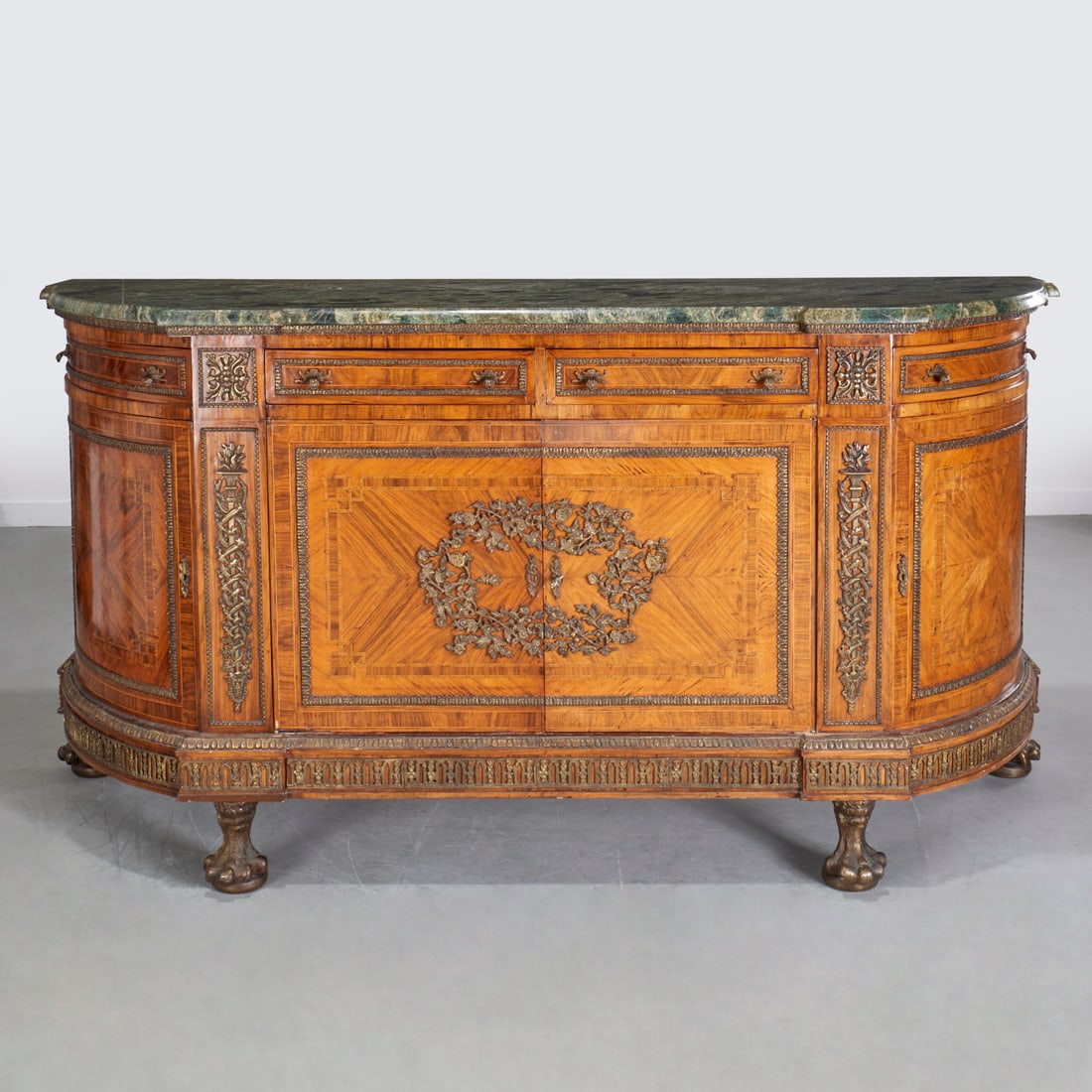 Louis XV style parquetry marble top buffet: Louis XV style parquetry marble top buffet, 20th c., green marble top, over four drawers and four cabinet doors, on animal paw feet, 44.5"h x 87"w x 27"d Provenance: A Private Collection: Kings Point,