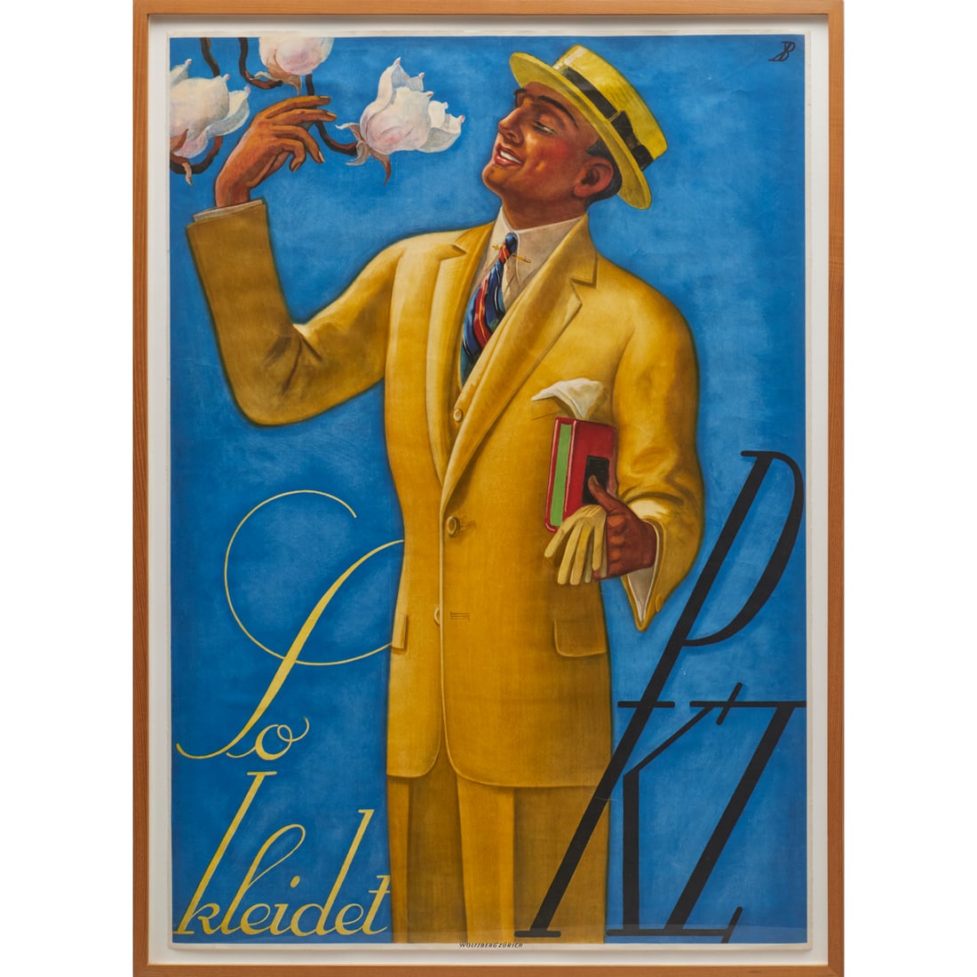 Karl Bickel, large color lithograph poster: Karl Bickel, large color lithograph poster, Karl Bickel (Swiss, 1886-1982), "PKZ/ So Kleidet", monogrammed in plate upper right, printed by Wolfsberg Zuerich, 50"h x 35"w (sheet), 53.75"h x 39"w (fram
