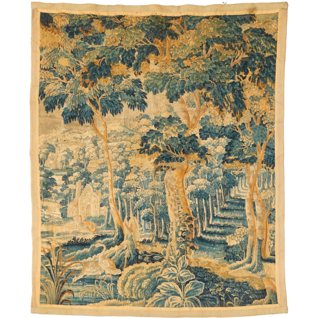 Antique Flemish verdure tapestry panel: Antique Flemish verdure tapestry panel, 17th c., wool, depicting forest landscape with animals and architectural details, later cotton lining verso, approx. 76"h x 64"w Provenance: A Private Collectio