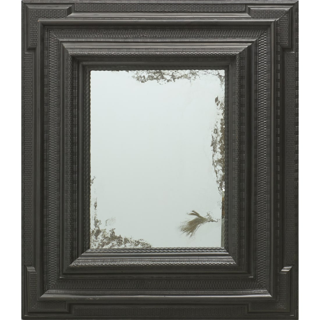 Large Dutch Baroque ebonized mirror: Large Dutch Baroque ebonized mirror, Late 17th/18th c., Holland, rectangular mirror plate with compound geometric ripple-molded frame, 57"h x 50"w Provenance: A Private Collection: 115 Central Park We