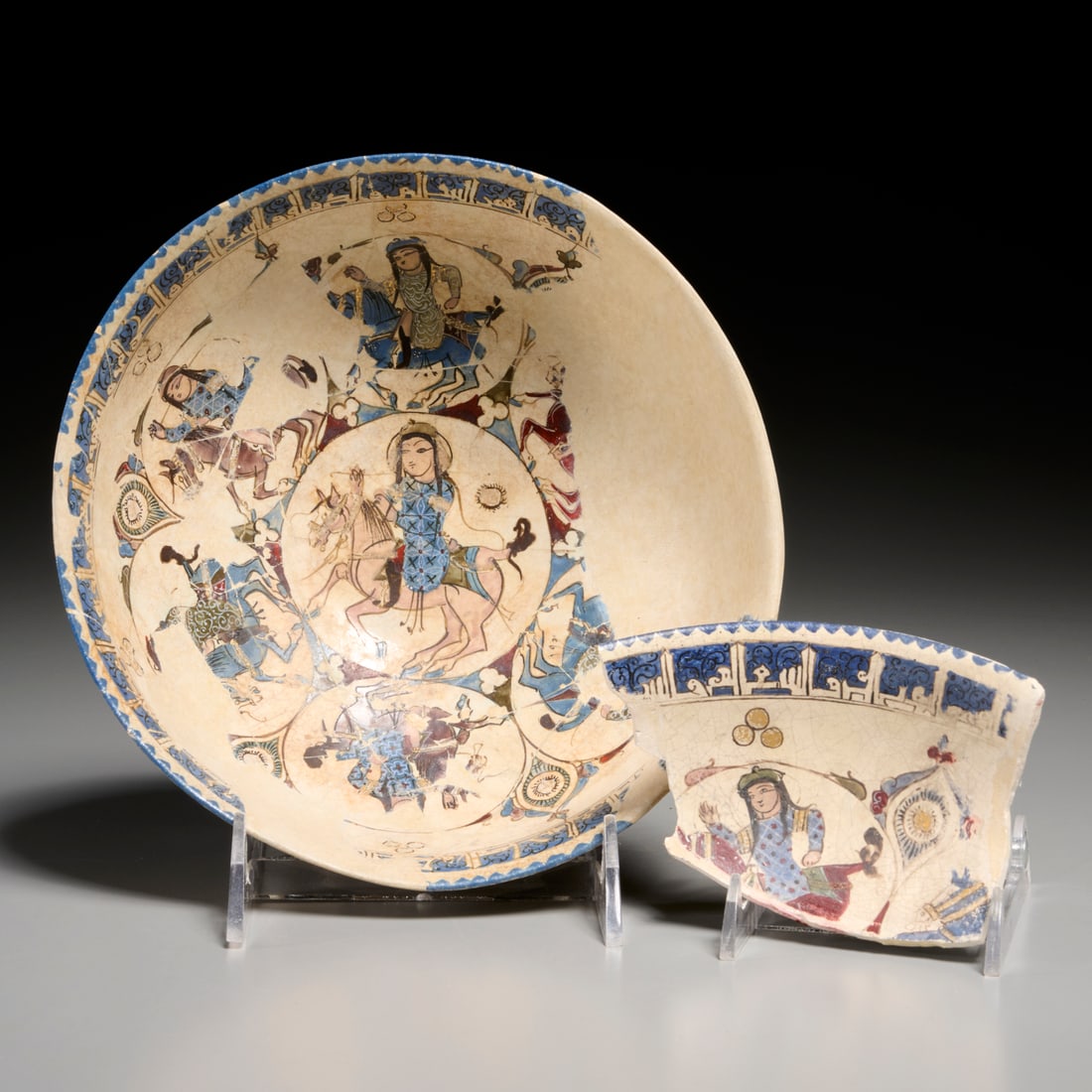 Mina'i ware pottery bowl, ex museum: Mina'i ware pottery bowl, ex museum, Possibly 13th c. or later, Iran, interior decorated with horseback riders and organic motifs on buff ground, inventory number inscribed underside, 3.25"h x 7.25"di