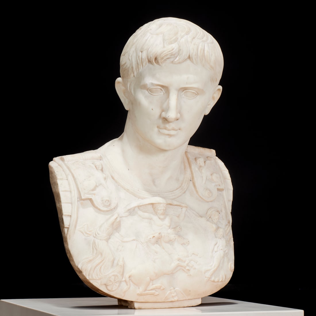 Marble bust of Augustus Caesar, ex museum: Marble bust of Augustus Caesar, ex museum, 19th c., Italy, white statuary marble, after the original antiquity in the Vatican, 27"h x 19"w x 13"d Provenance: Deaccessioned works benefiting the Newark 
