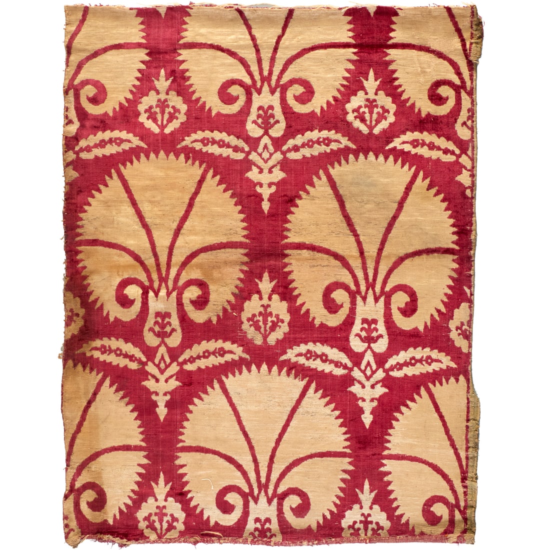 Ottoman voided velvet panel, ex museum: Ottoman voided velvet panel, ex museum, 17th/18th c., probably Bursa or Istanbul, in fan carnation pattern, cranberry velvet with golden voids, accession number labeled verso, approx. 31.5"l x 24.5"w 