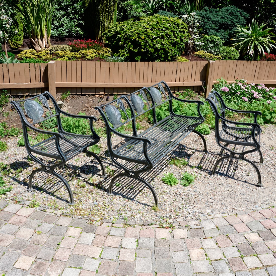 Molla (attrib) "Breakers" aluminum seating suite: Molla (attrib) "Breakers" aluminum seating suite, 20th c., shell and seahorse pattern, slat seats, incl. (1) triple settee, and (2) armchairs, 30.5"h x 55.5"w x 16.5"d (bench), 31"h x 21.5"w x 20"d (c
