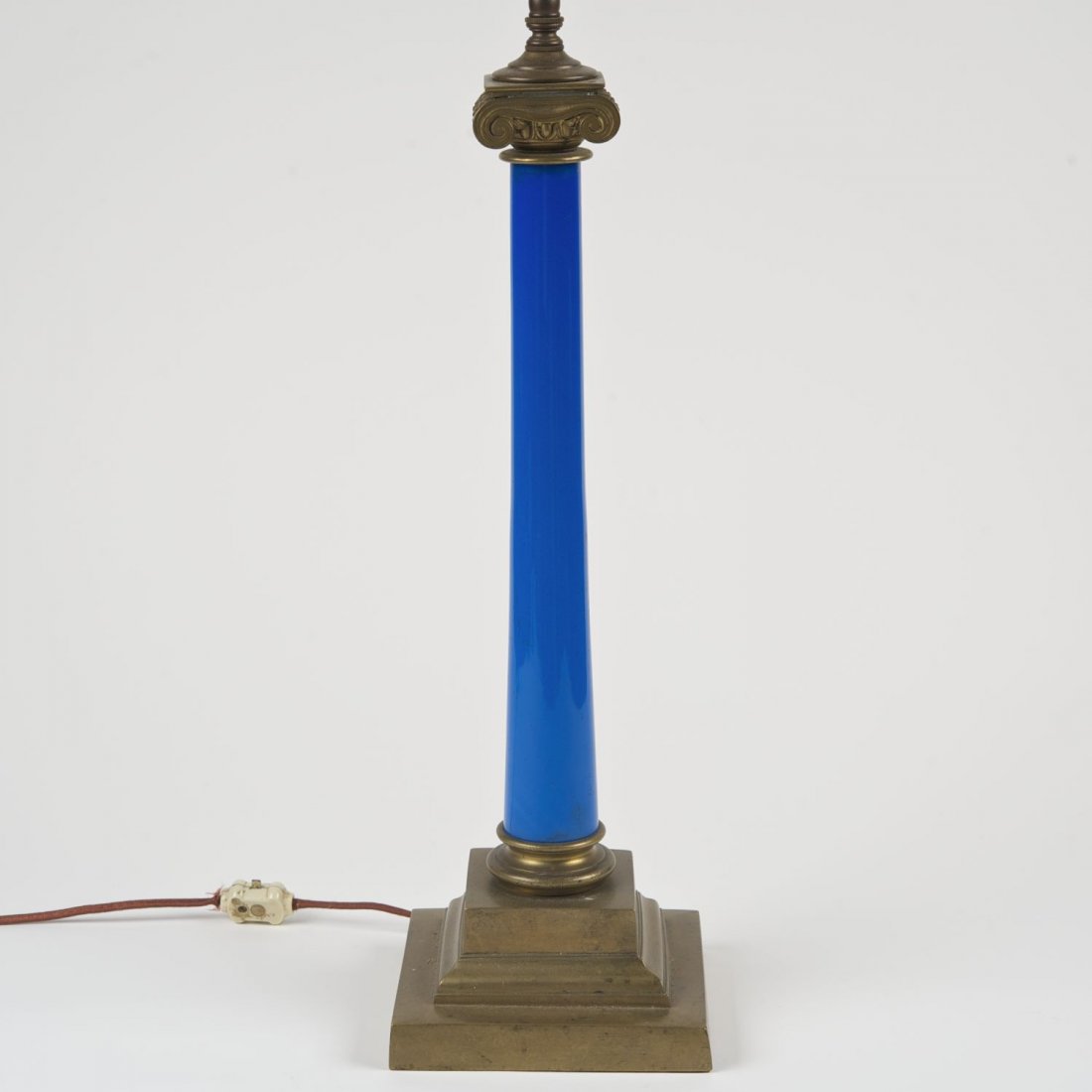 French bronze and blue opaline glass column lamp: French bronze and blue opaline glass column lamp: 19th c., 20"h x 6.5"squ. (excl. lamp fittings), 32"h (total)