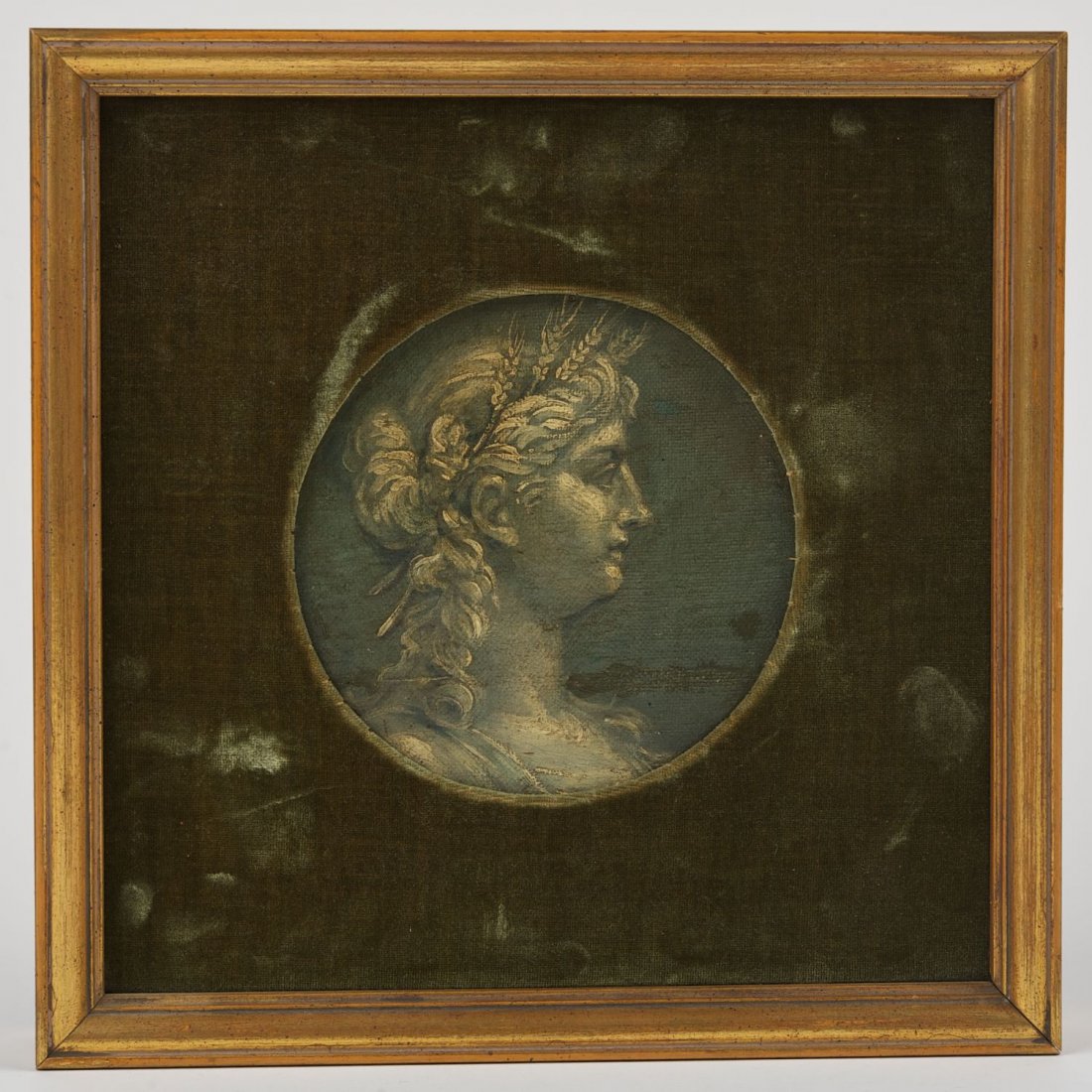 Continental School (18th/19th century), painting: Continental School (18th/19th century), painting: Goddess en grisaille, oil on canvas on board, unsigned, 5.5"dia., matted and framed