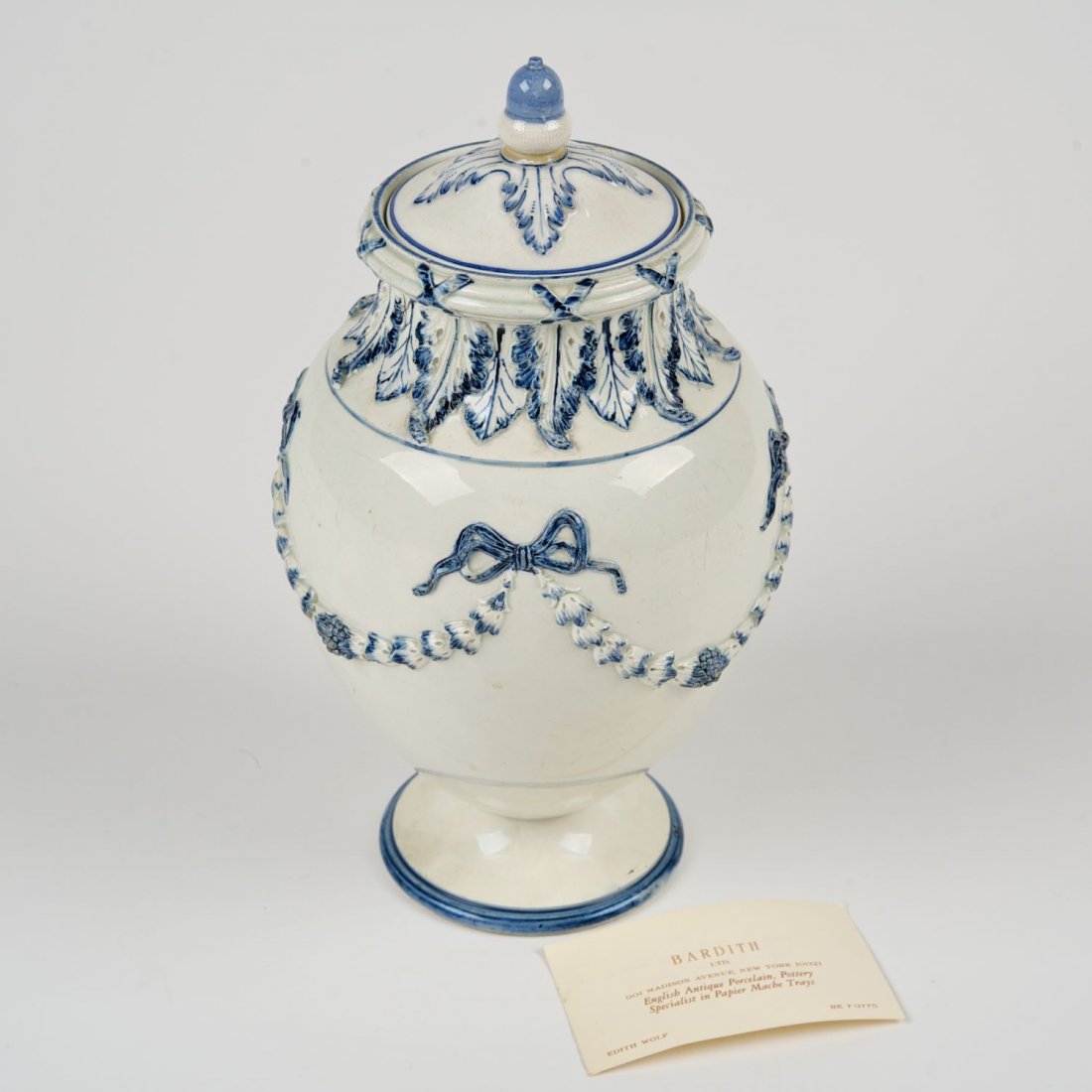 Rare Wedgwood & Bentley pearlware jar and cover: Rare Wedgwood & Bentley pearlware jar and cover: 18th c., 10"h x 5.75"dia. - Provenance: