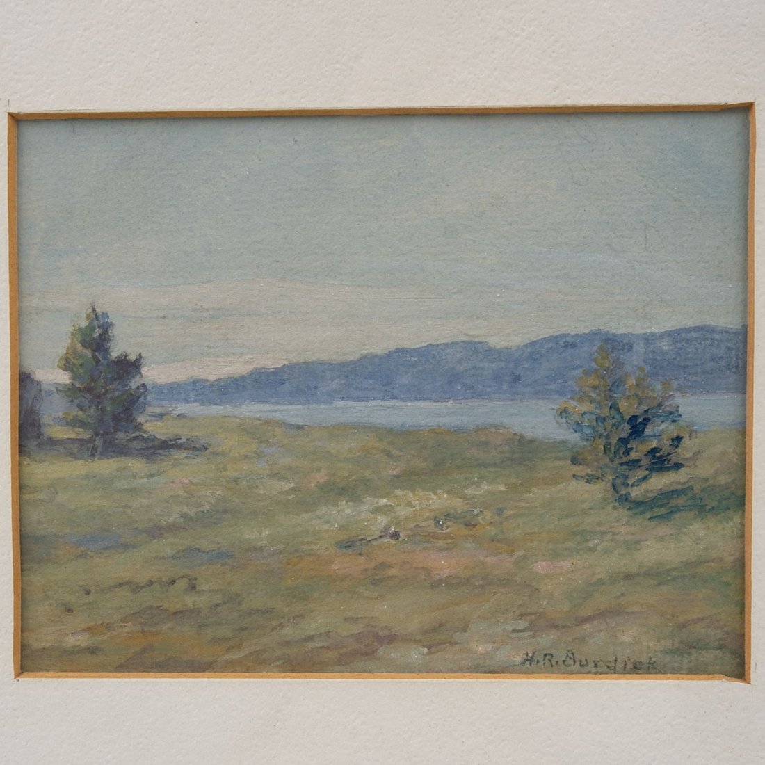 Horace Robbins Burdick (1844-1942, American), painting: Horace Robbins Burdick (1844-1942, American), painting: Landscape, oil or gouache on paper, signed "H.R. Burdick", lower right, 3.5" x 4.75" (sight), matted and framed