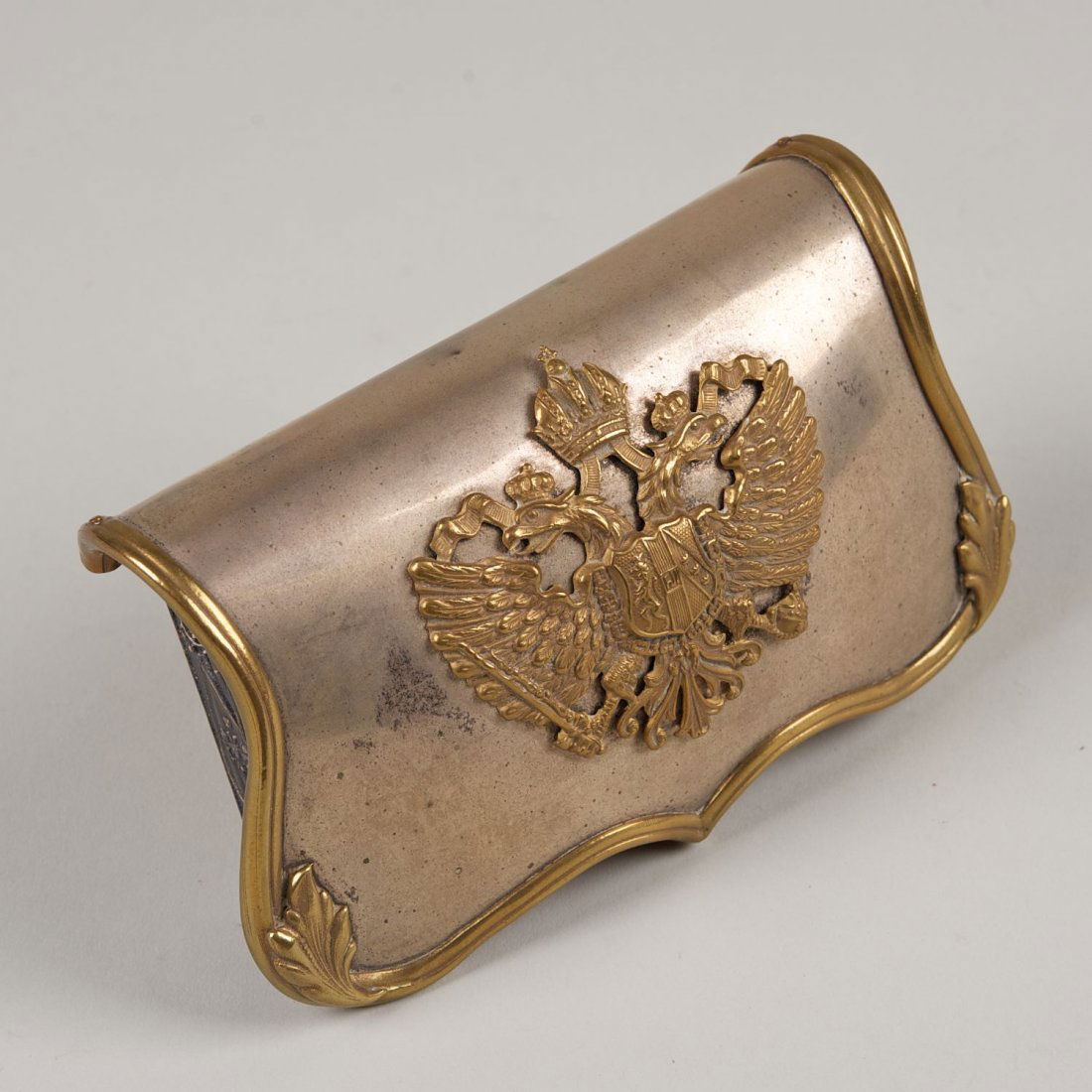 Austro-Hungarian silver and brass cartridge pouch: Austro-Hungarian silver and brass cartridge pouch: 19th c., hallmarked, 3.5"h x 6"l x 1.75"d