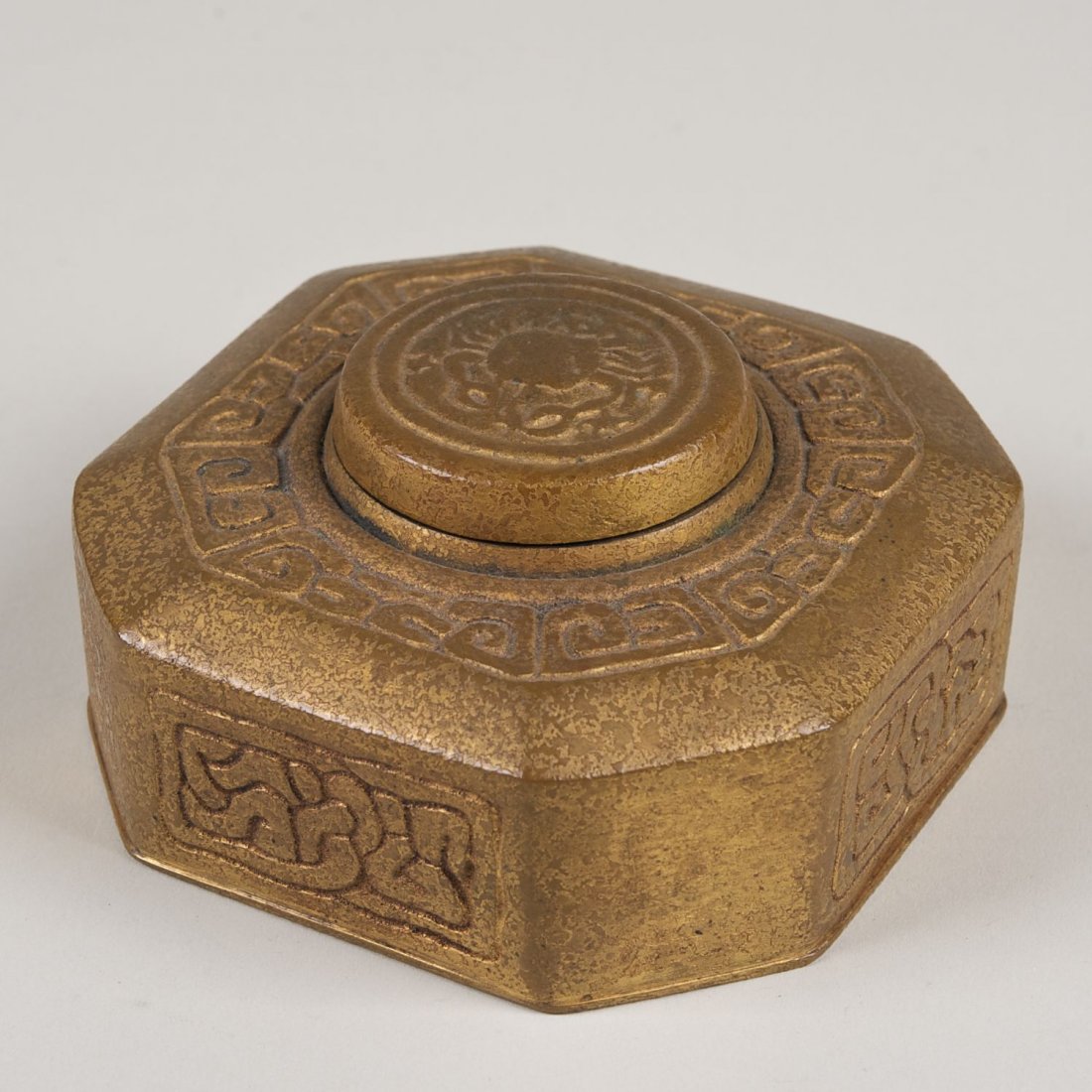 Tiffany Studios bronze Zodiac inkwell no. 842: Tiffany Studios bronze Zodiac inkwell no. 842: 20th c., 2.25"h x 4"squ.