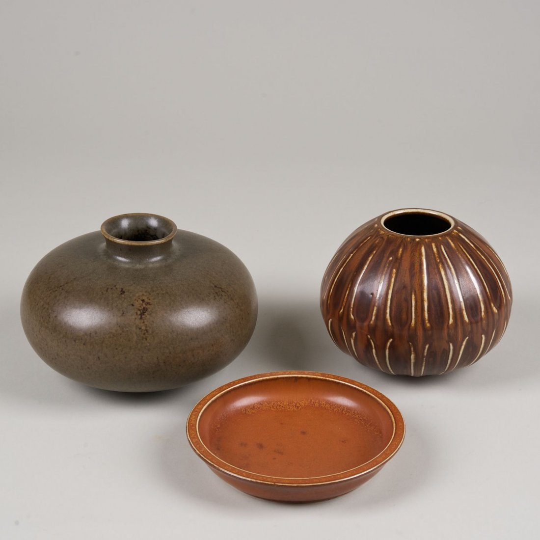 (3) pcs. Saxbo, Denmark studio pottery: (3) pcs. Saxbo, Denmark studio pottery: 20th c., nos. 66-00, 397 and 40, largest: 4.75"h x 7"dia., smallest: 5.75"dia.