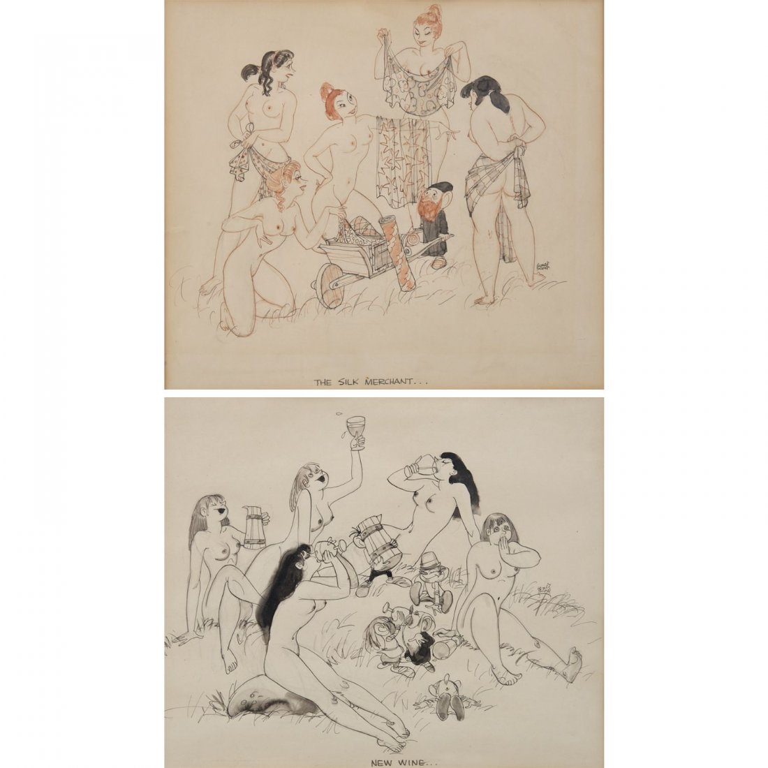 Walt Scott (1894-1970, American), (2) illustrations: Walt Scott (1894-1970, American), (2) illustrations: "The Silk Merchant" and "New Wine...", possibly original art for Playboy cartoons, ink and watercolor on paper, signed "Walt Scott", 8.5" x 10" (si