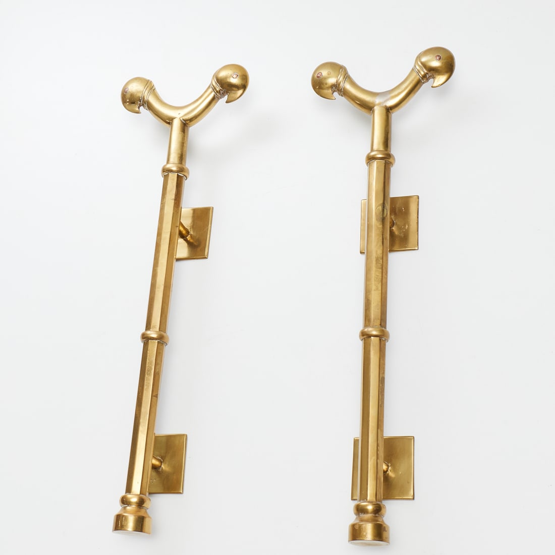 Pair large Mid-Century brass bird door handles: Pair large Mid-Century brass bird door handles, Mid 20th c., unmarked, 24.25"h x 7.5"w Provenance: A Private Collection: 115 Central Park West, NYC