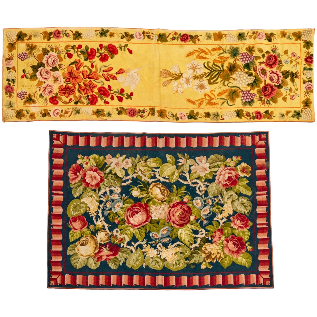 Needlework tapestry rug & runner, ex Iris Apfel: Needlework tapestry rug & runner, ex Iris Apfel, 20th c., each in floral design, unmarked, 4'11"l x 3'6"w (rug), 6'11"l x 2'1"w Provenance: The Iris Apfel Collection
