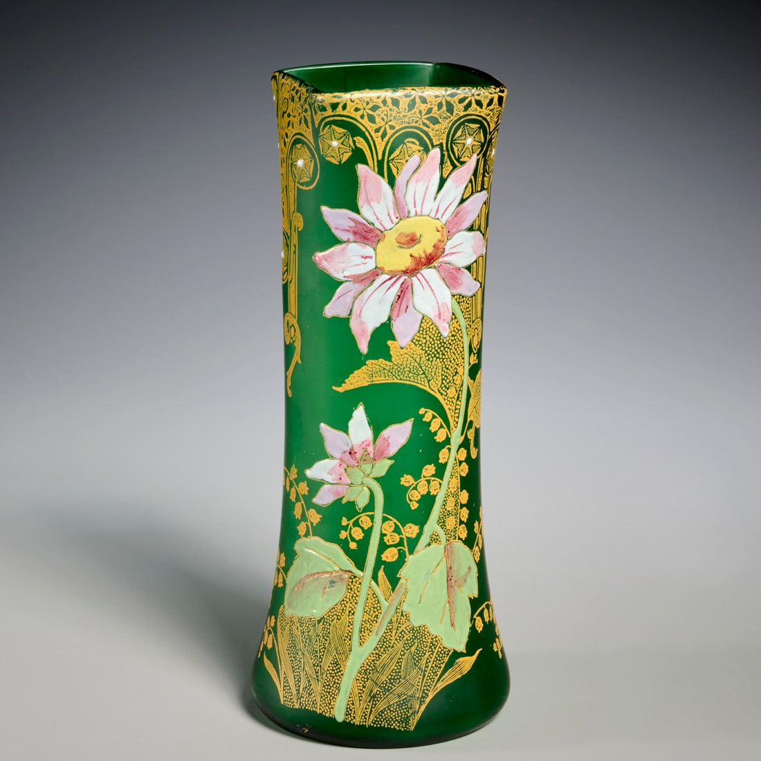 Legras style enameled glass vase: Legras style enameled glass vase, Early 20th c., Art Nouveau floral design, unmarked, 11"h x 3.25"squ (at top), 4.5"dia (at bottom)