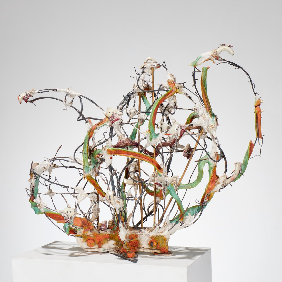 Raymon Elozua, mixed media sculpture, c. 1990-1995: Raymon Elozua, mixed media sculpture, c. 1990-1995, Raymon Elozua (American, b. 1947), Vessel, glazed terracotta and found objects on steel and wire frame, no signature observed, approx. 28"h x 35"w