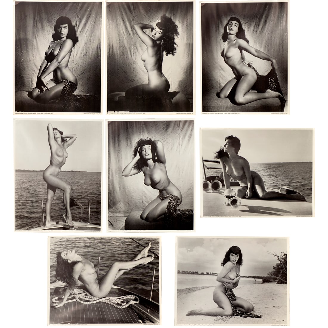 (8) Betty Page pin-up photos, Bunny Yeager Coll.: (8) Betty Page pin-up photos, Bunny Yeager Coll., Originally printed 1954, later printings, glossy offset reproductions of photographs, loose and unframed, 11"h x 14"w (and reverse)