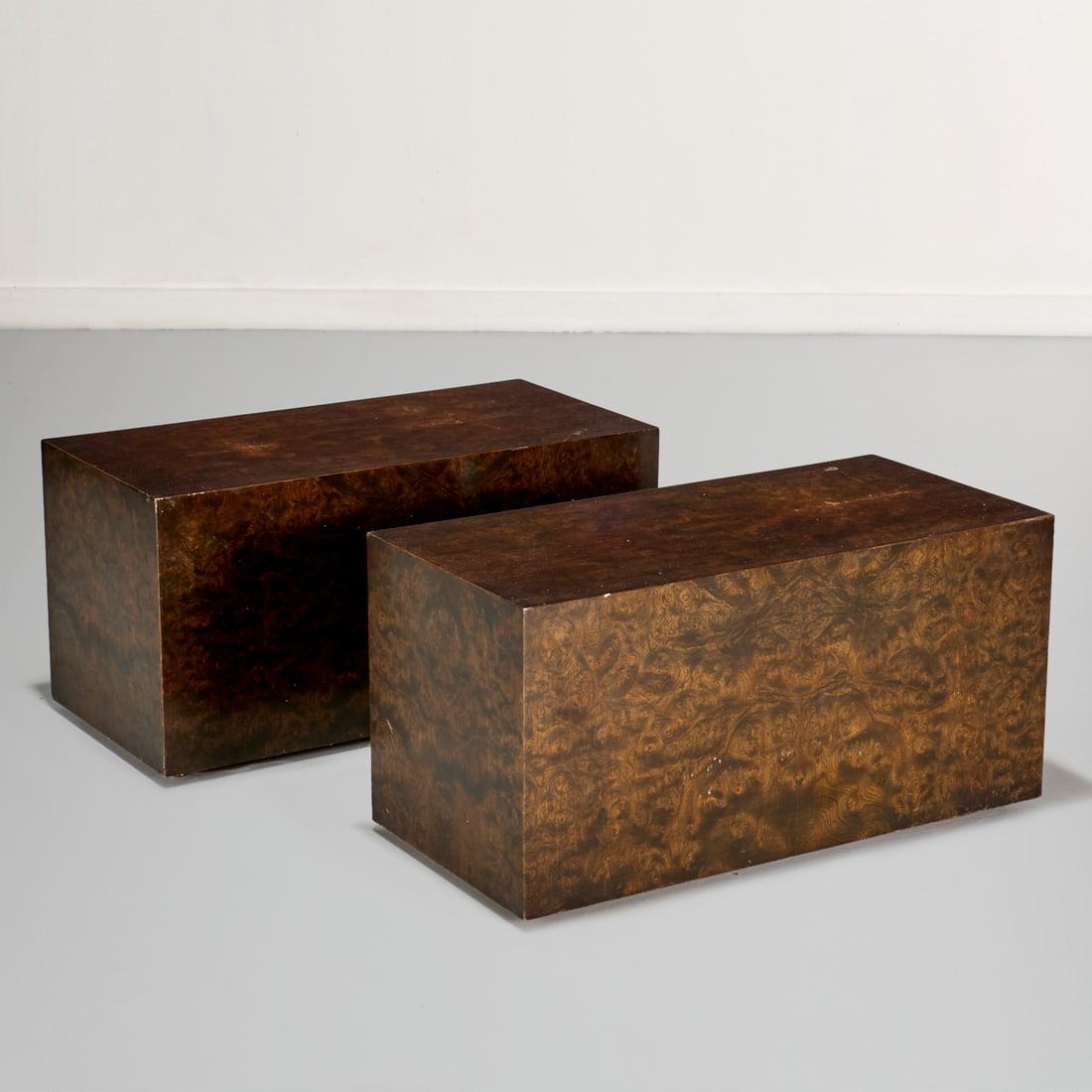 Pair Baughman style burl veneer low tables: Pair Baughman style burl veneer low tables, Mid 20th c., book matched burl veneer, unmarked, 15.25"h x 30"l x 14.5"d Provenance: The Collection of Betty Ann Besch Solinger, NYC
