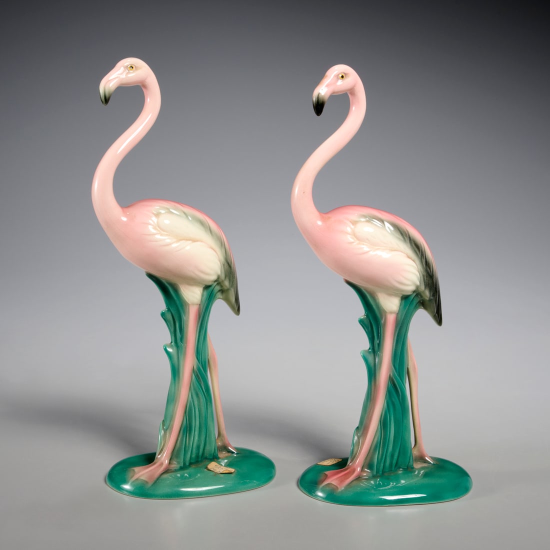 Will-George, pair vintage porcelain flamingos: Will-George, pair vintage porcelain flamingos, c. 1930s, USA., marked "Will-George, Pasadena" on undersides, 9.75"h x 4"w x 2.25"d Provenance: A Private Collection: 115 Central Park West, NYC