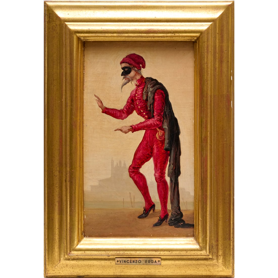 Vincenzo Fuga, oil on panel: Vincenzo Fuga, oil on panel, Vincenzo Fuga (Italian, 20th c.), Pantalone, no visible signature, nameplate reads "Vincenzo Fuga", 13"h x 7.5"w (sight) Provenance: From the Estate of an Italian Scholar