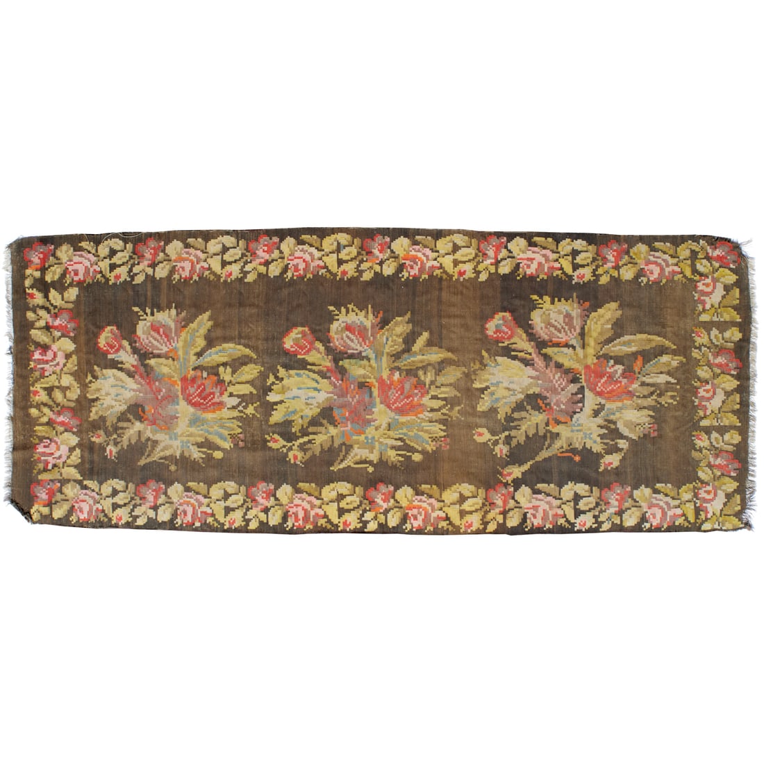 Antique Bessarabian corridor carpet: Antique Bessarabian corridor carpet, 19th c., Moldova, multi-color flat-weave wool, three large floral sprays on a brown ground, approx. 13.4"l x 5'3"w Provenance: Property from the Collection of a Me