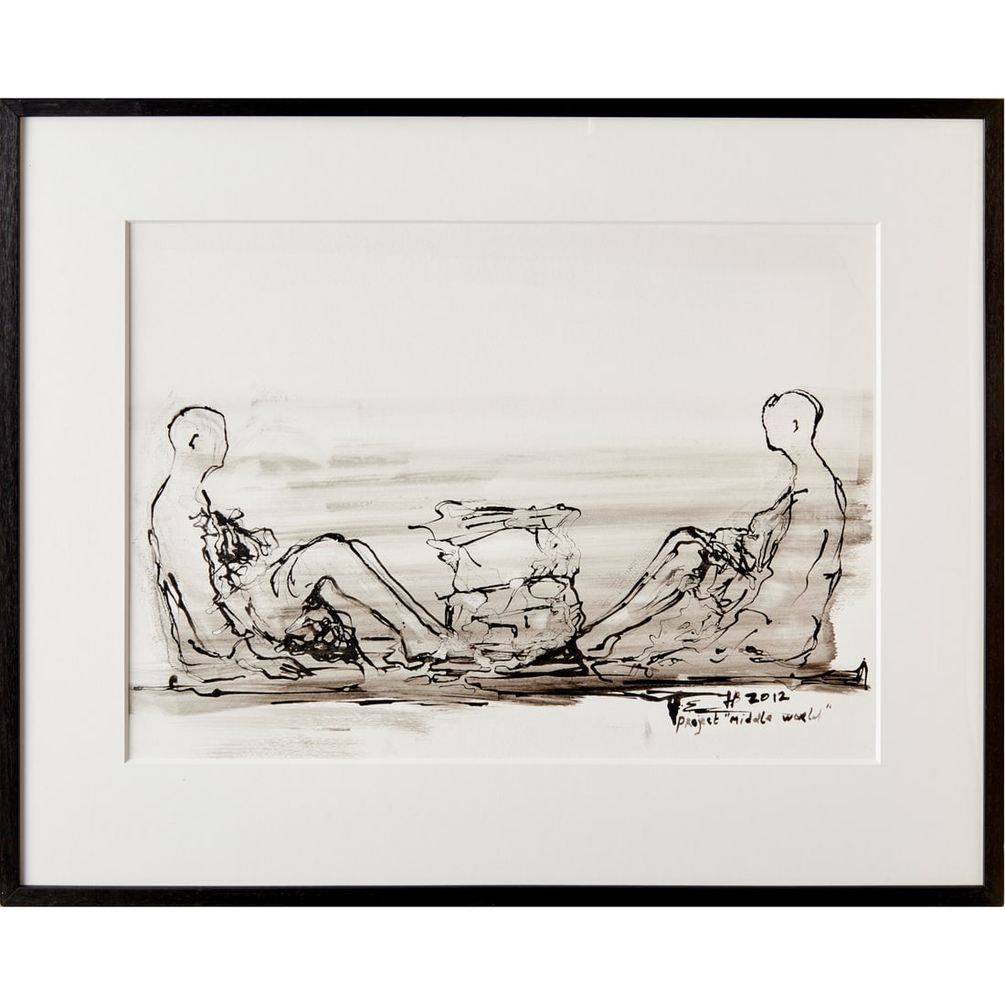Hanneke Beaumont, ink and wash on paper, 2012: Hanneke Beaumont, ink and wash on paper, 2012, Hanneke Beaumont (Dutch, b. 1947), "Project Middle World" (Drawing #139), signed, titled and dated lower right, matted and framed under plexiglass, 19.25