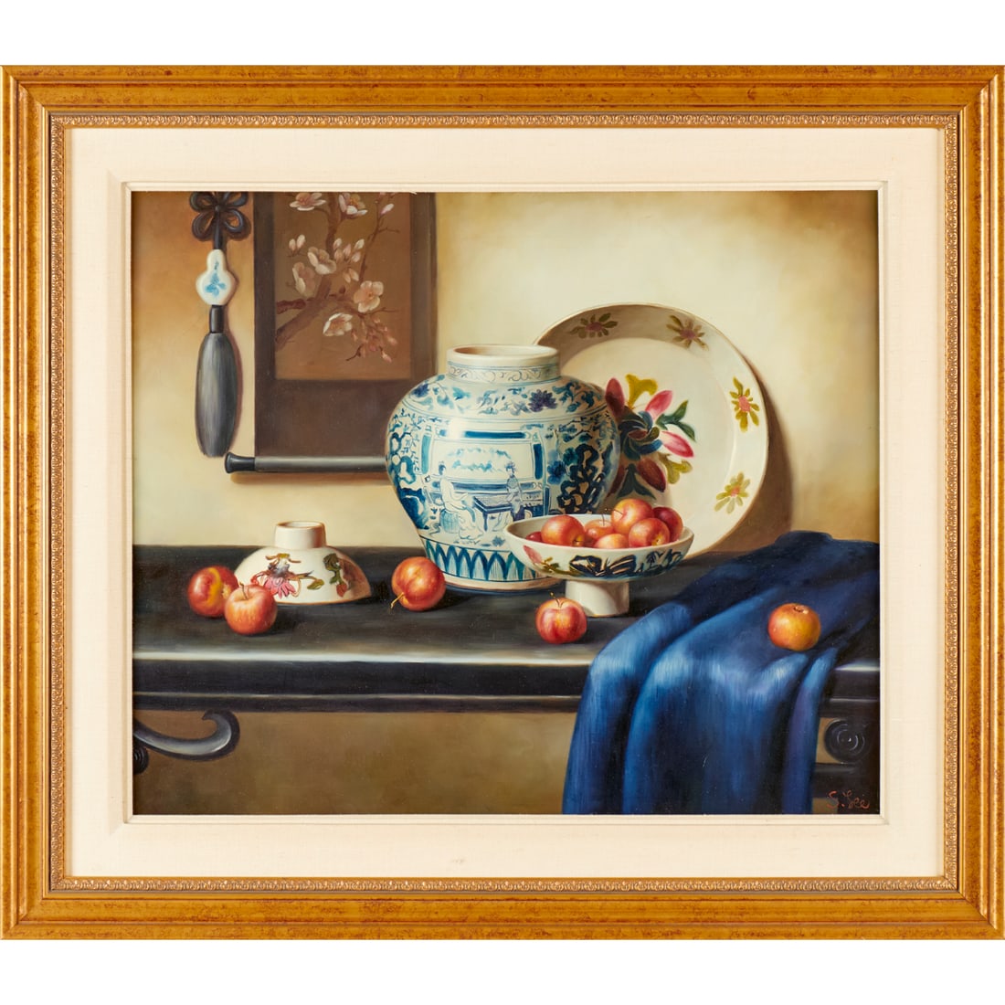 S. Lee, oil on canvas: S. Lee, oil on canvas, S. Lee (Chinese, b. 1944), Chinoiserie Still Life, signed "S. Lee" at lower right, 19.75"h x 24"w (sight), 27.5"h x 31.5"w (frame)