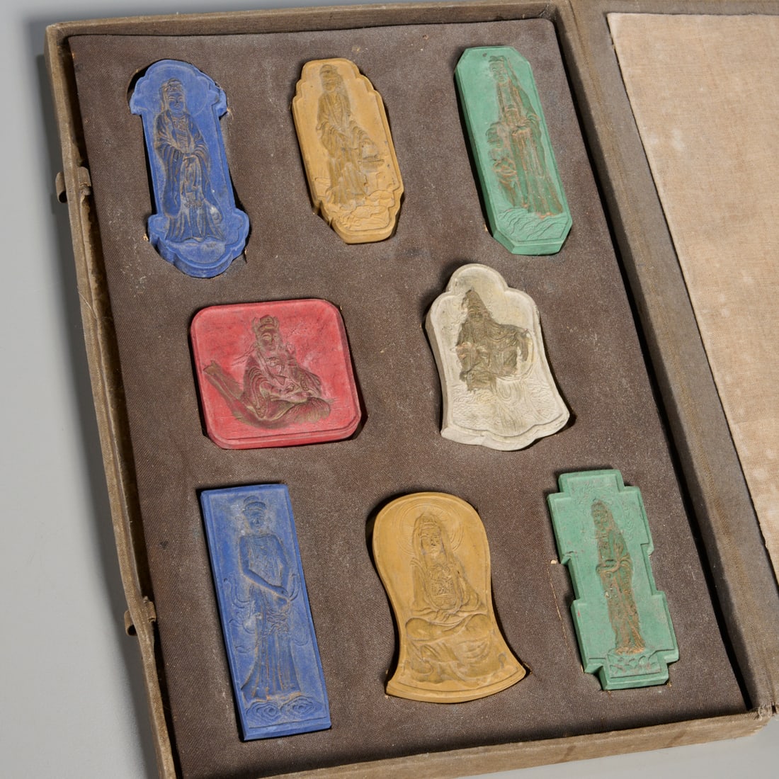 Boxed set of Chinese ink cakes: Boxed set of Chinese ink cakes, 20th c., assorted colors, 3.5"h x 1"w (largest), 2"squ (smallest), 11.5"l x 7.75"w (box)
