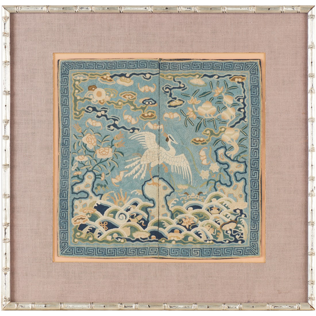Chinese embroidered silk rank badge: Chinese embroidered silk rank badge, Qing Dynasty (19th/20th c.), silk and metallic thread, depicting a pheasant, for a civil official of the fifth rank, framed under glass, 12.25"squ (textile), 18.5"