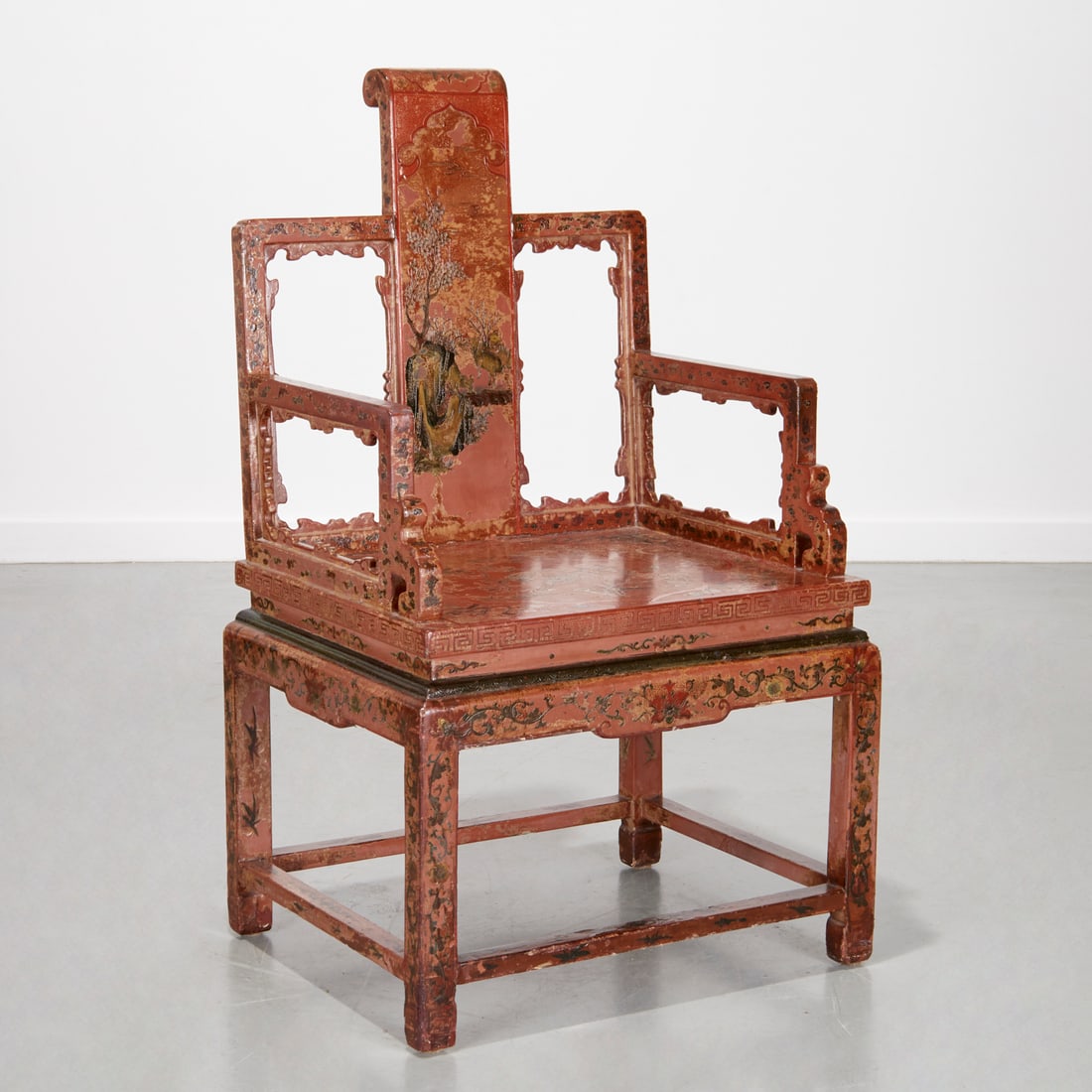 Antique Chinese lacquered armchair: Antique Chinese lacquered armchair, Qing Dynasty (19th c.), China, the back splat decorated with animals in a forest, the seat decorated with birds in branches, 44"h x 24"w x 21"d, 20"h (to seat) Prov