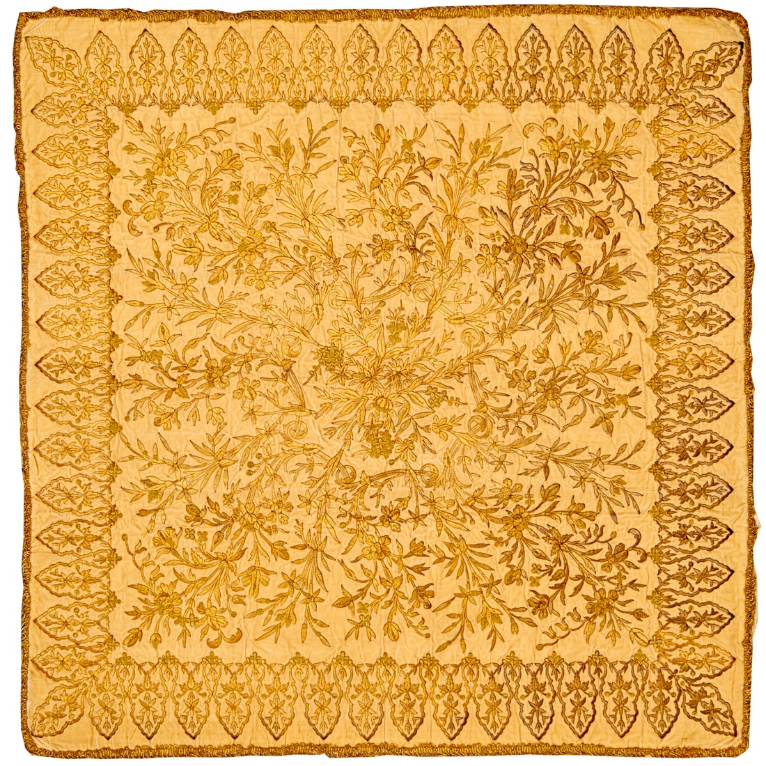 Turkish metal thread embroidery textile, ex museum: Turkish metal thread embroidery textile, ex museum, 19th c., velvet table cover in elaborate gold tone bullion thread, flower vine design, 3'11"squ Provenance: The Minneapolis Institute of Art