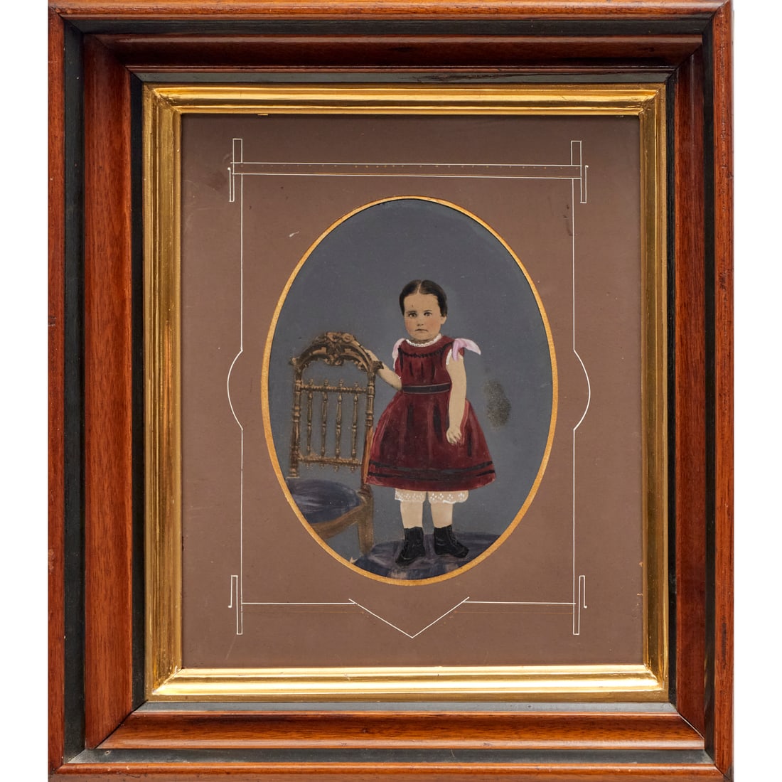 Hand-painted tintype portrait of a young girl: Hand-painted tintype portrait of a young girl, 19th/20th c., oil over tintype photograph, framed under glass, 8.5"h x 6.5"w (plate), 8"h n 6"w (sight), 15.75"h x 13.75"w x 2.25"d (frame)