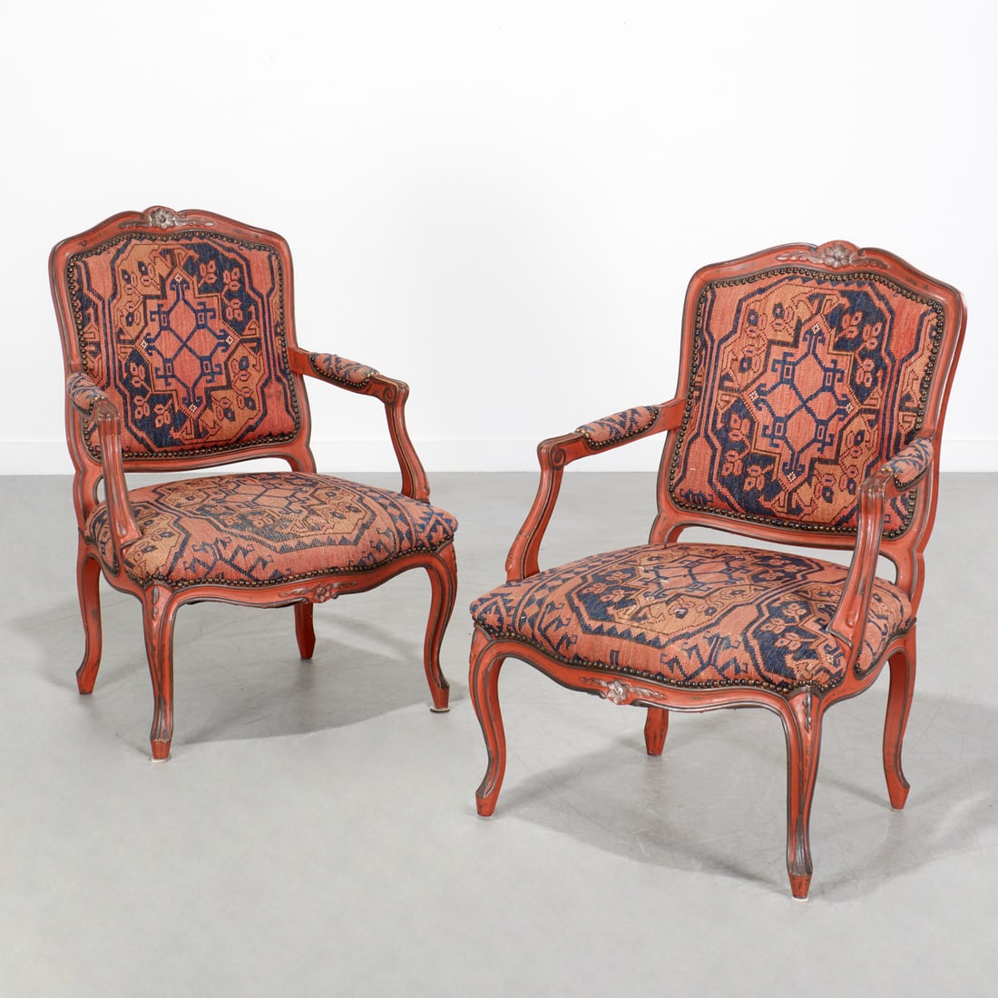 Louis XV style red lacquered fauteuils (1 of 7)