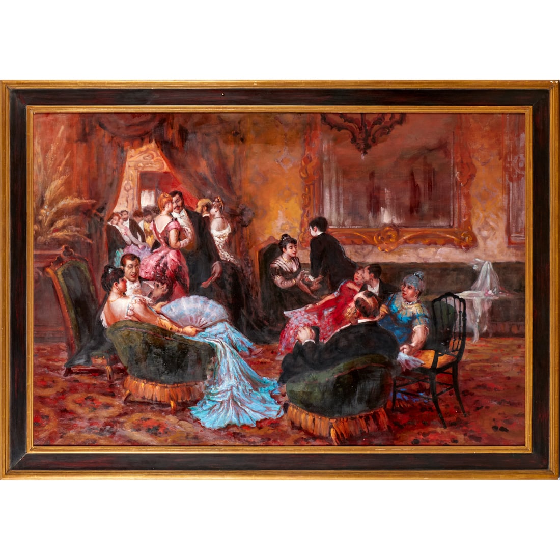 Egisto Lancerotto (after), large oil on canvas: Egisto Lancerotto (after), large oil on canvas, After Egisto Lancerotto (Italian, 1847-1916), "An Entertaining Evening", signed and inscribed "Copy of Egisto Lancerotto, made by Mary O. Cantline, 1987