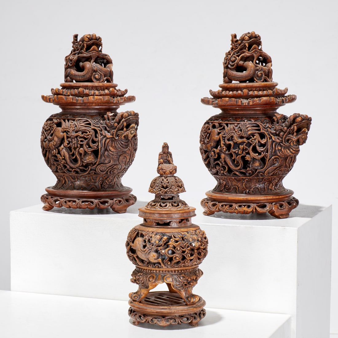 (3) Chinese intricately carved censers (1 of 8)