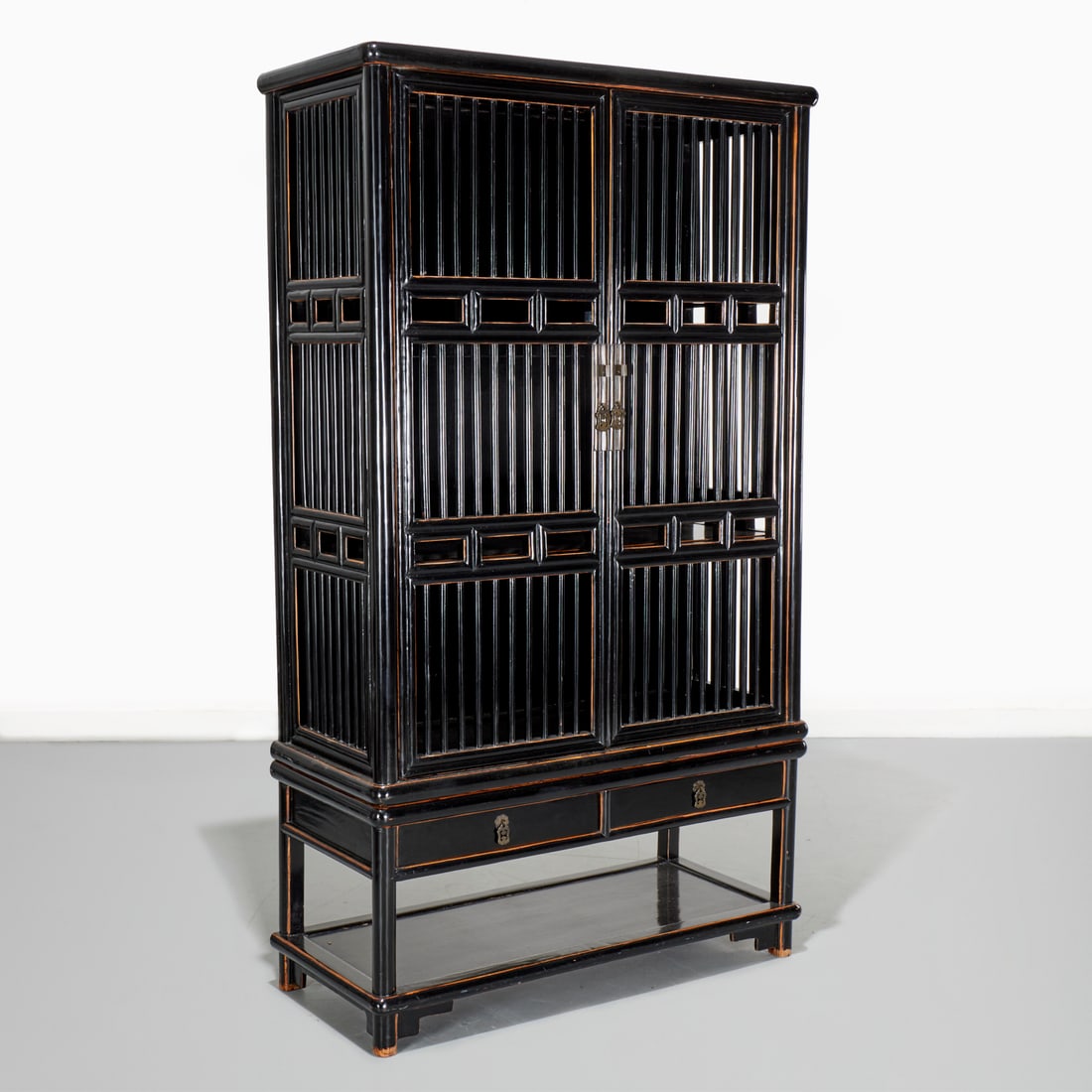 Chinese black lacquered lattice cabinet (1 of 6)